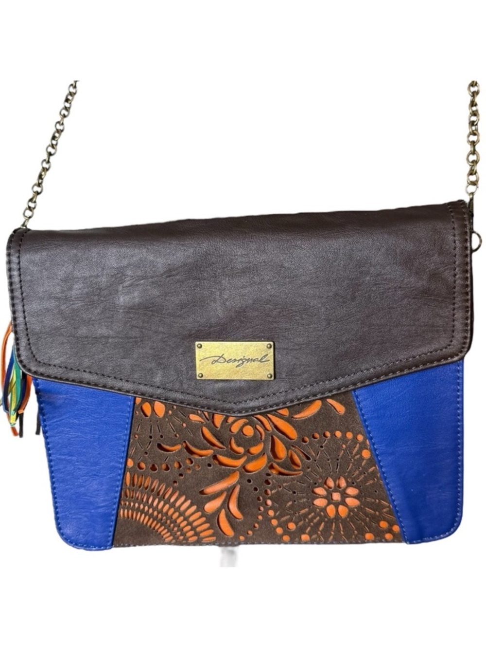 DESIGUAL New Crossbody Envelope Bag Clutch Purse Chain Blue Orange Black *FLAW